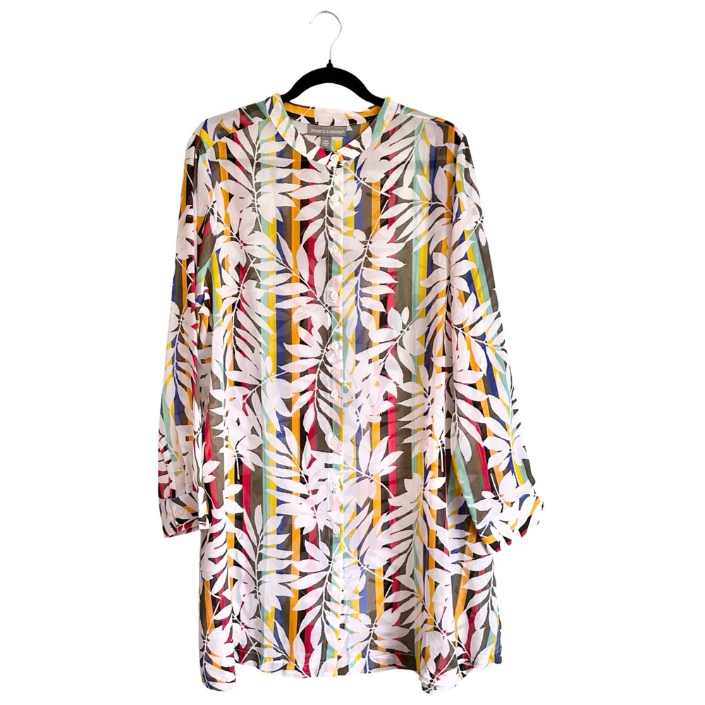 Jessica London‎ Women Colorful Tropical Sheer Button Down Tunic Blouse Size 20W